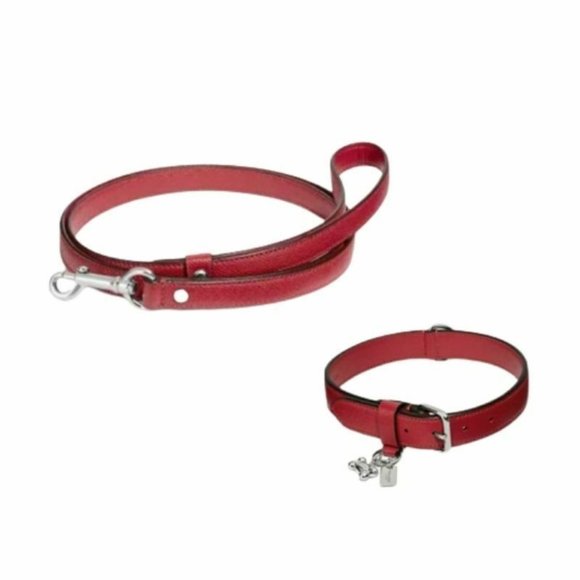 New COACH Bone Red Leather Dog Collar & Leash Set Size Small Fits Neck 9"-11"